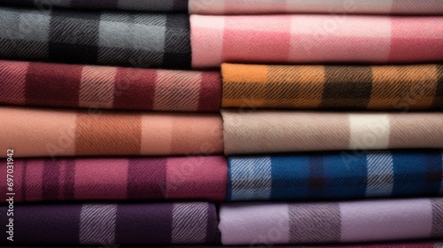 Tartan Scarfs in a Stack, luxury cashmere textured fabric with plaid pattern in stacking background.