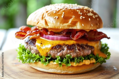 Delicious bacon cheeseburger on white background