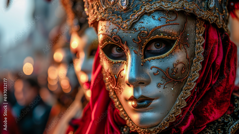 Carnival Masked People Standing on St. Mark's Square in Venice in the Morning Mist with Mask Wallpaper Background Cover Magazine Backdrop Digital Art Brainstorming