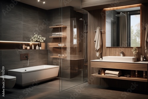 Bath space with smooth surfaces and minimalistic detailing. Natural and neutral color tones