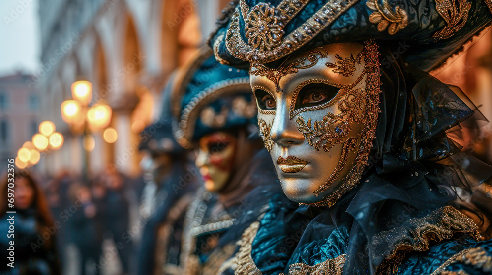 Carnival Masked People Standing on St. Mark's Square in Venice in the Morning Mist with Mask Wallpaper Background Cover Magazine Backdrop Digital Art Brainstorming