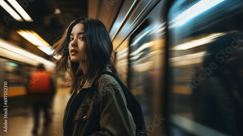 a woman standing in subway station at night