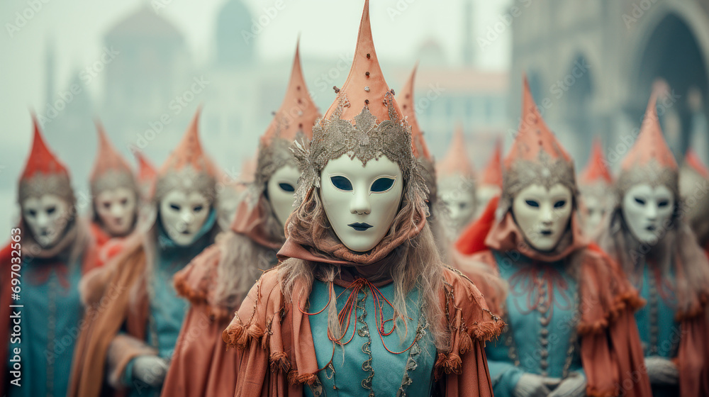 Carnival Masked People Standing on St. Mark's Square in Venice in the Morning Mist with Mask Wallpaper Background Cover Magazine Backdrop Digital Art Brainstorming