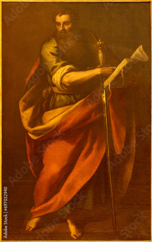 VICENZA, ITALY - NOVEMBER 7, 2023: The painting of St. Paul the Apostle in the church Chiesa di Santo Stefano by Domenico Tintoretto (1560 – 1635)
