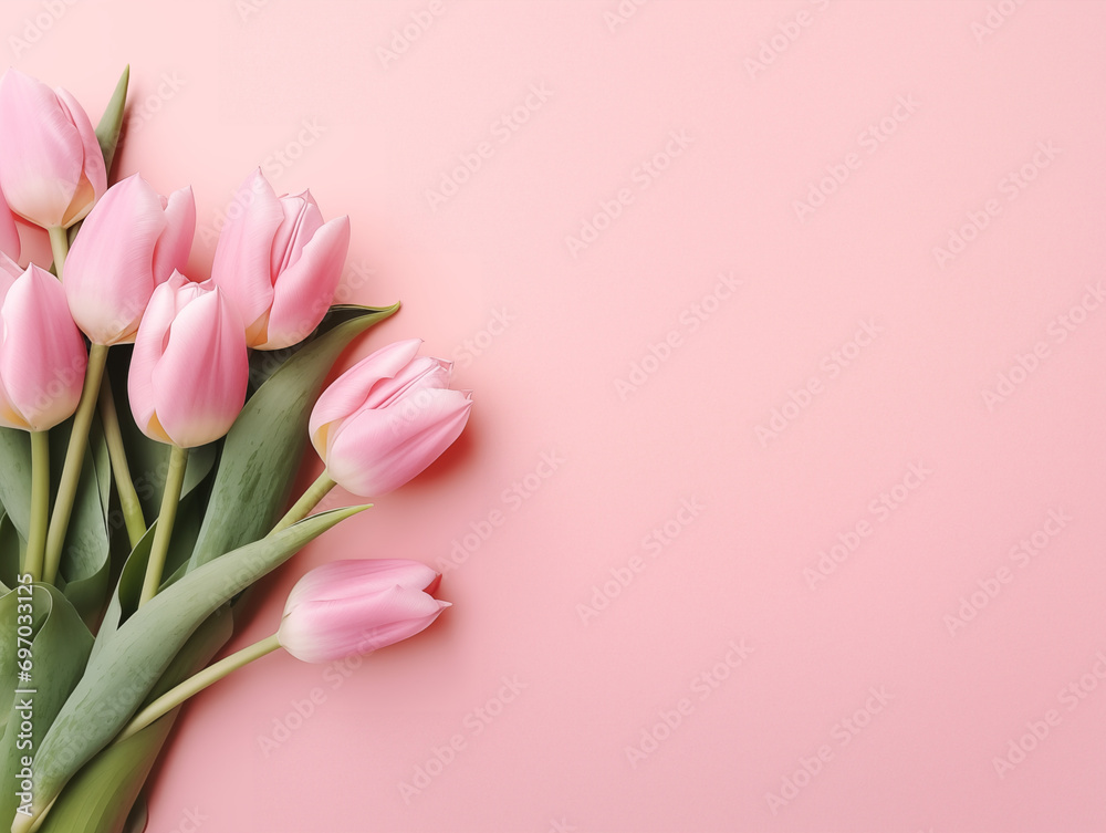 Pink tulips on pink background. Valentine's day card concept. Copy space.	