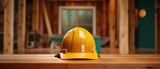 construction hard hat on wooden floor