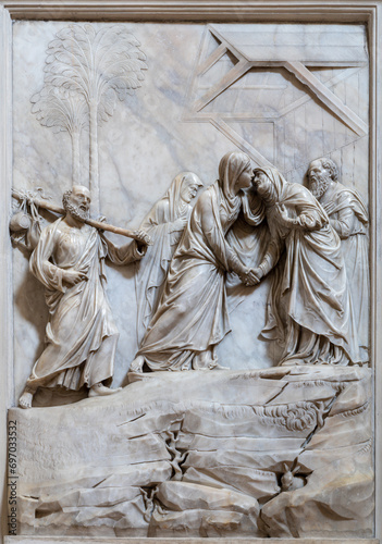 TREVISO, ITALY - NOVEMBER 8, 2023: The marble relief of Visitation  in the church La Cattedrale di San Pietro Apostolo by Lorenzo Bregno from end of 15. cent. 