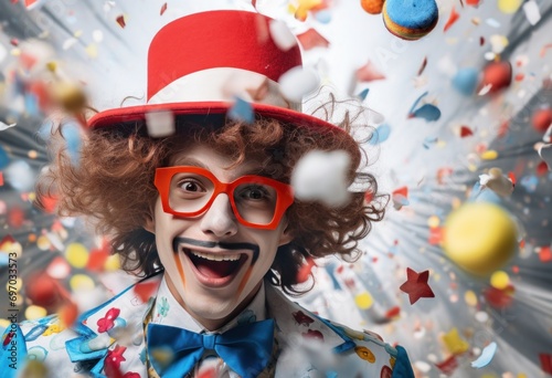 little clown with confetti hat on white background