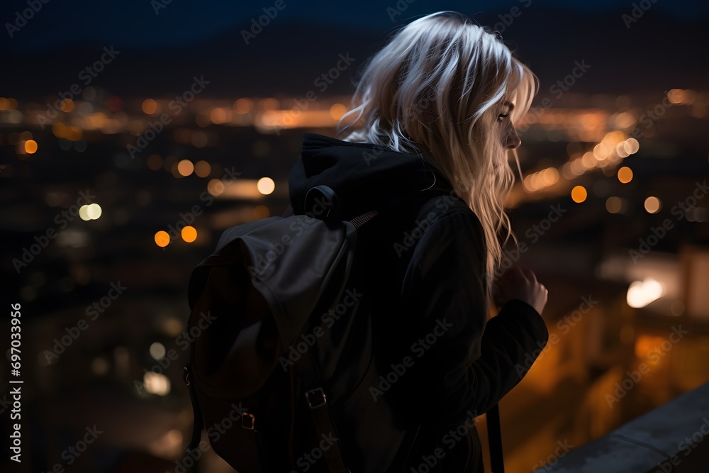 a woman with a bag on the roof looking out at the city