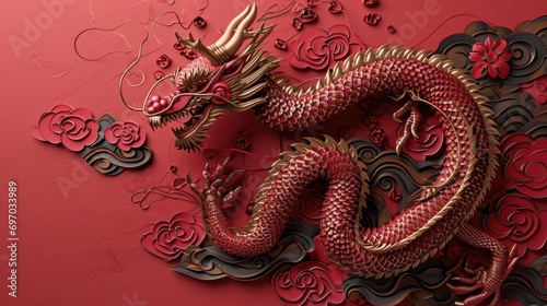 chinese dragon with swirls on red background, red and gold
