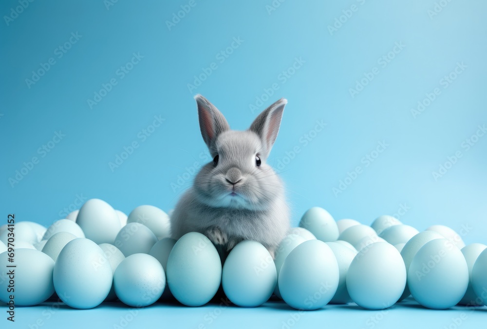 Fototapeta premium easter bunnies and easter eggs around a blue background