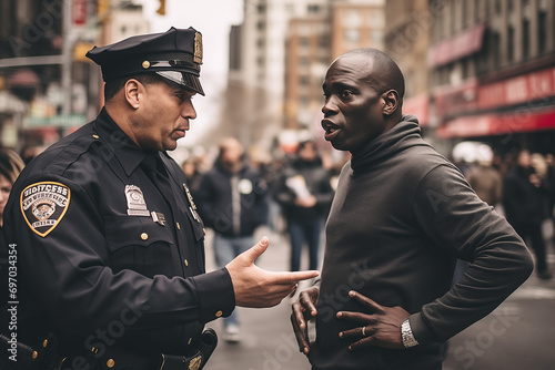A police officer is talking to an African-American man on the street. photo