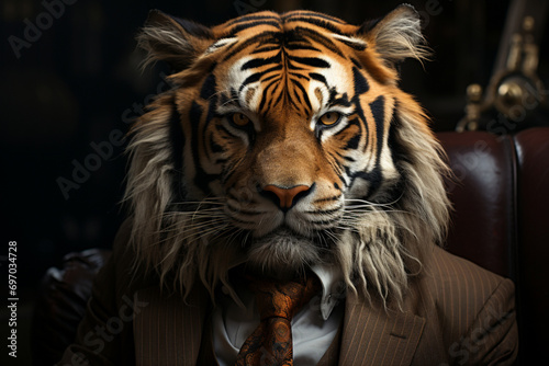 a tiger in a classic costume. a businessman with the head of a tiger. a feline predator.