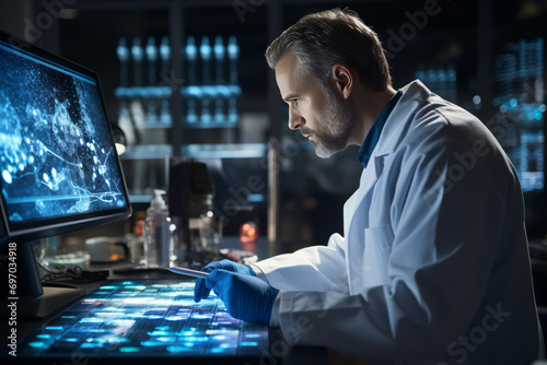 Biomedical engineer working in a laboratory at a computer. photo