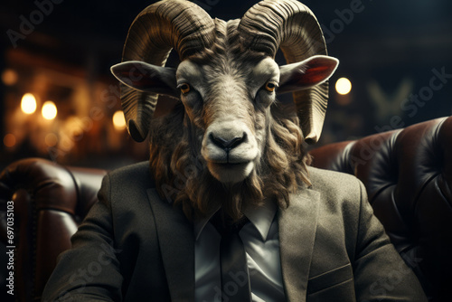 ram in a jacket and shirt with a tie. businessman with a sheep's head. business suit on an animal.