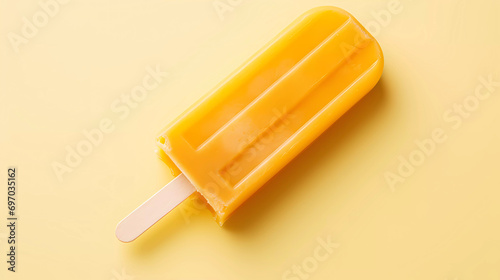 A yellow popsicle with a wooden stick sticking out of it's side on a white background with a clipping for text