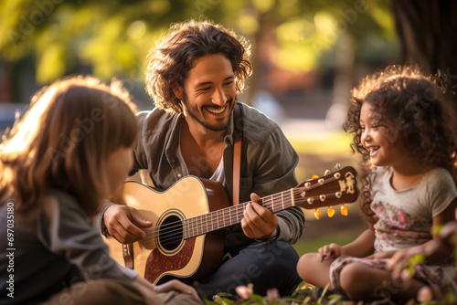 Dad sits in the park and plays the guitar, children are sitting nearby.