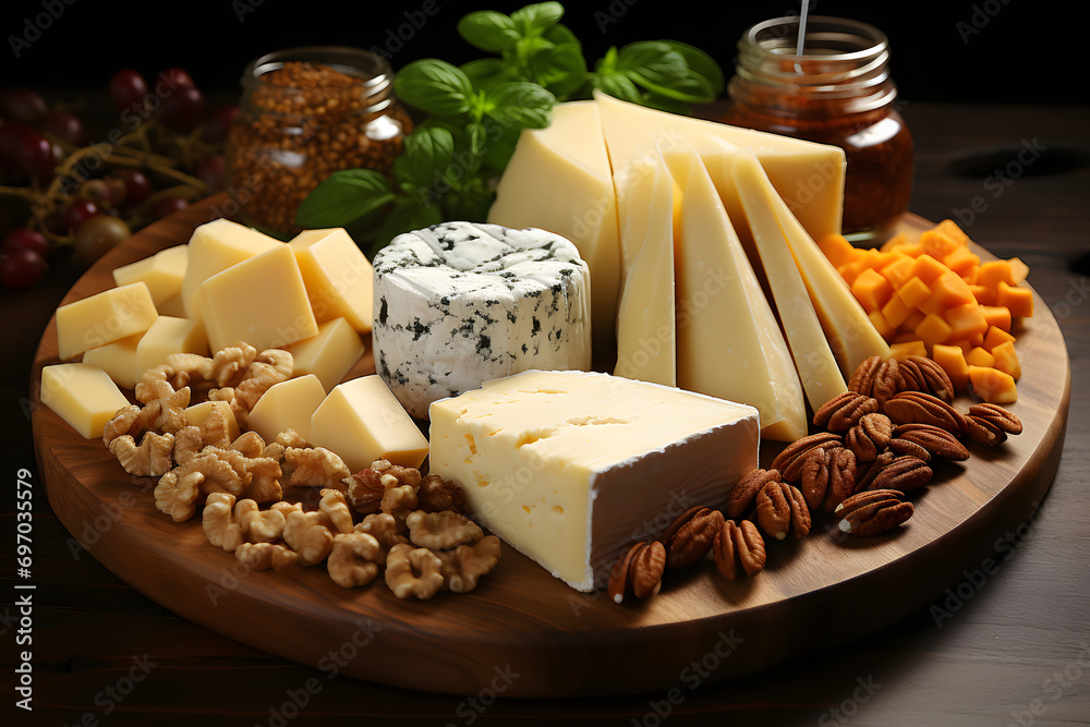 cheese board. pieces of various types of cheese, berries, nuts and honey. snack for wine.