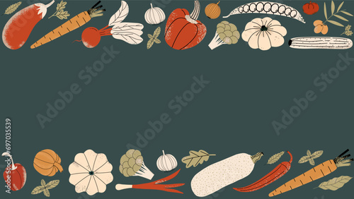 Fresh organic eco vegetables concept designs. Frame fresh veggies with texture. Agricultural food background. Vector illustration.