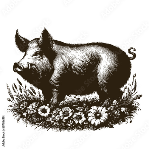 Vector drawing of a pig and in vintage style