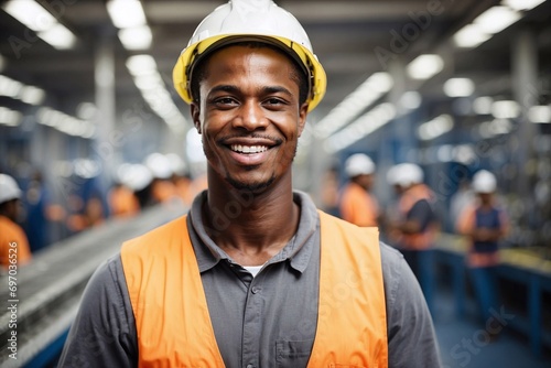 portrait of black worker in factory, industrial dedication, factory worker photo