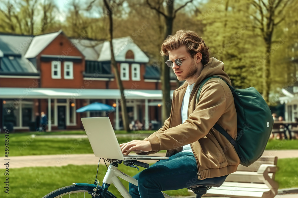 Young man programmer riding a bike while using a laptop computer. Outdoor coding and working.