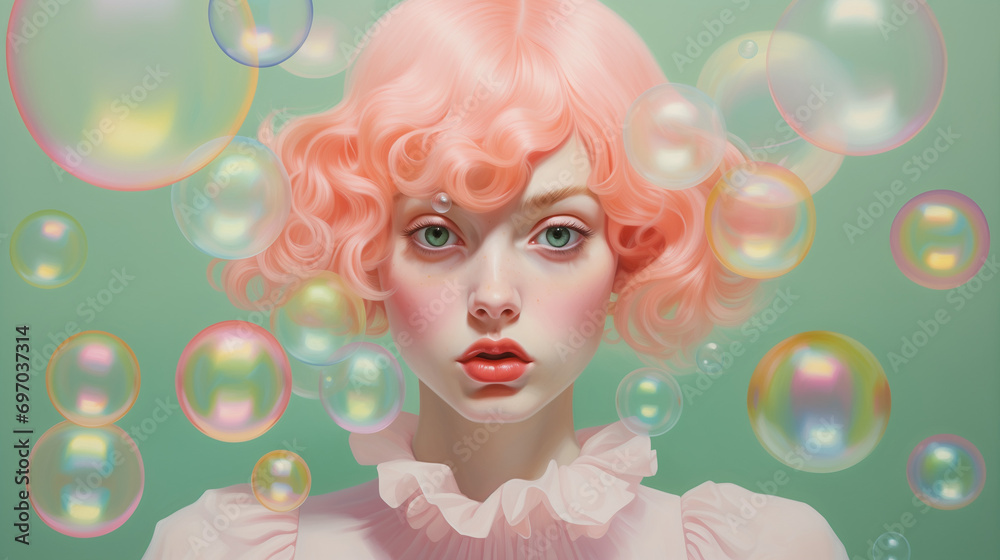Colorful pastel bubble art on green background