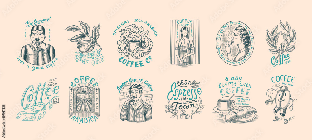 Set of coffee in vintage style. Woman and man with a cup of drink. Vintage badge or logo set for t-shirts, typography, shop or signboards. Beans and leaves. Hand Drawn engraved sketch. 