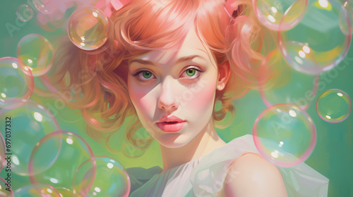 Colorful pastel bubble art on green background