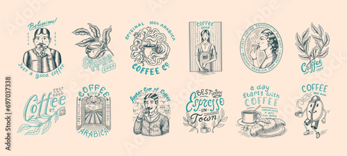 Set of coffee in vintage style. Woman and man with a cup of drink. Vintage badge or logo set for t-shirts, typography, shop or signboards. Beans and leaves. Hand Drawn engraved sketch. 