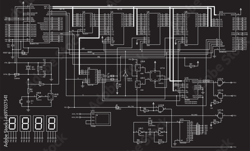 Vector electrical circuit. 
A complex large schematic diagram of electronic device for data output 
to seven-segment indicators, operating under the control of microcontroller. photo