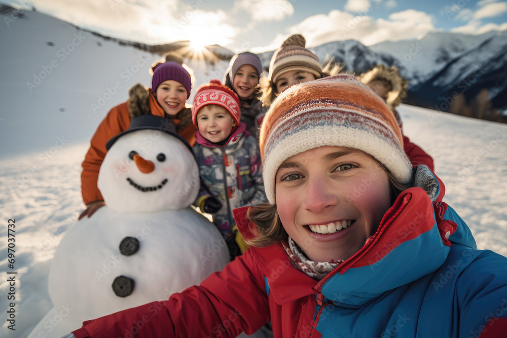 Group of kids taking selfie with snowman. AI generative art
