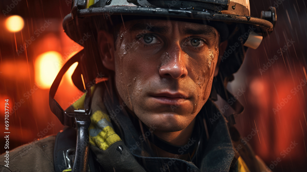 Close up shot of a firefighter wearing a protective suit and helmet Close up shot of a firefighter wearing a protective suit and helmet