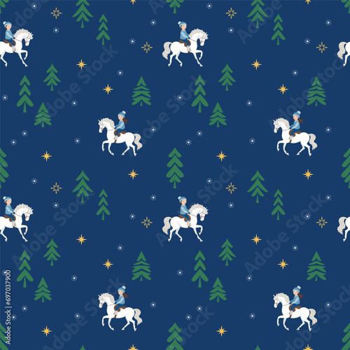 Vector seamless pattern with winter forest and children riding horses