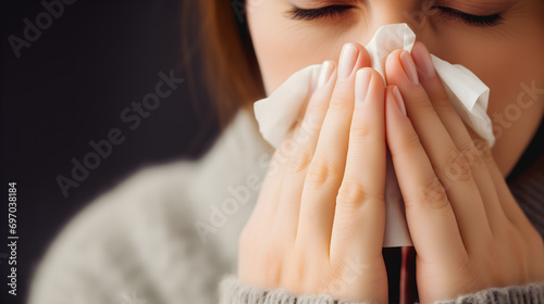 Un femme qui est malade en train de se moucher. photo