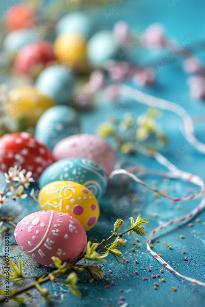 Obraz premium Easter background with lively colors, decorated eggs