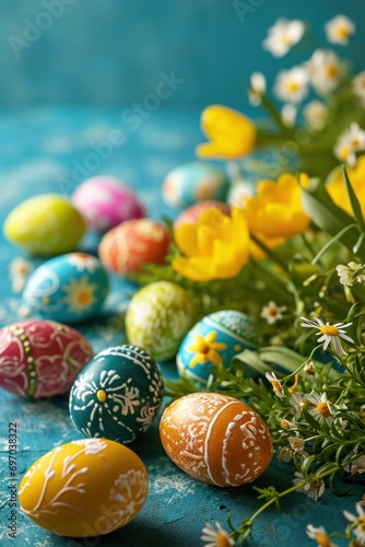 Easter background with lively colors, decorated eggs © olegganko