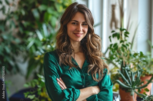 smiling woman in green blouse with arms crossed in office