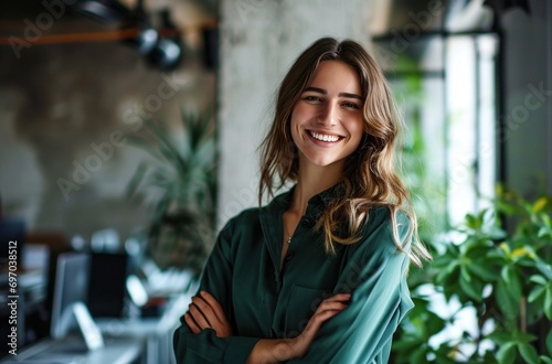 smiling woman in green blouse with arms crossed in office