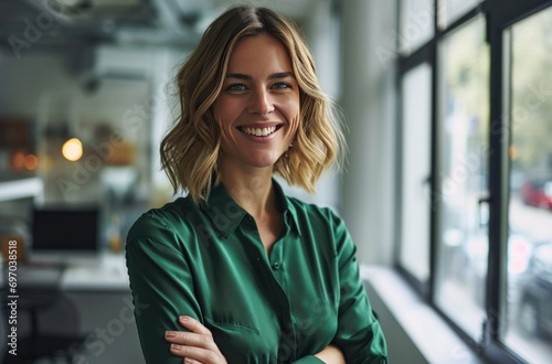 smiling woman in green blouse with arms crossed in office