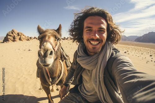 A man taking a selfie with a horse in the desert. © Degimages