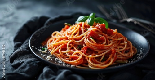 spaghetti on a plate on black background