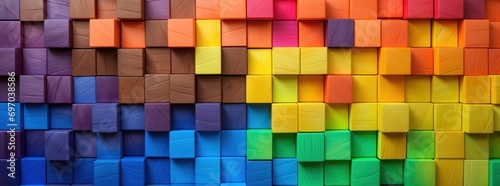 rainbow wooden squares made of different colored blocks