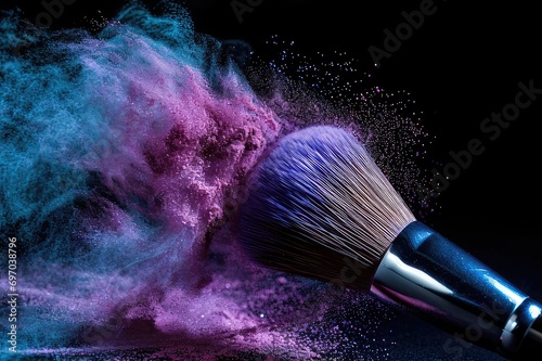 Cosmetic brush with purple and blue ocean cosmetic powder spreading for makeup artist or graphic design in black background
 photo