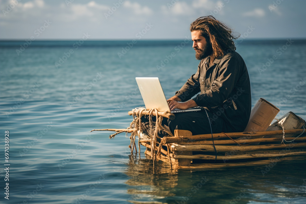A man programmer sitting on raft in the sea. Coding remote on a laptop computer from the middle of the ocean.