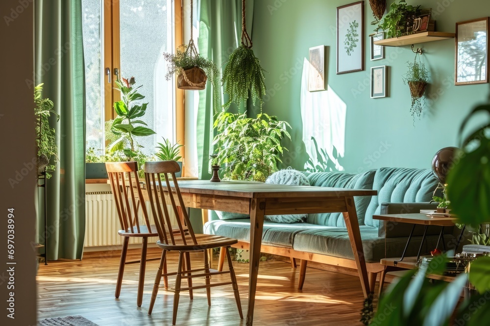Scandinavian Dining Room Interior with Pastel Green Wall and Rustic Furniture