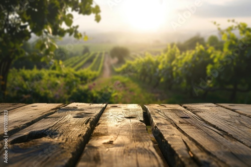 Vineyard View: Beautiful Blurred Background of Nature through an Empty Wooden Tabletop