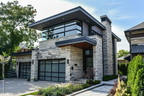 Modern Sophistication: Architectural Masterpiece with Sleek Stone Facade and Stylish Design