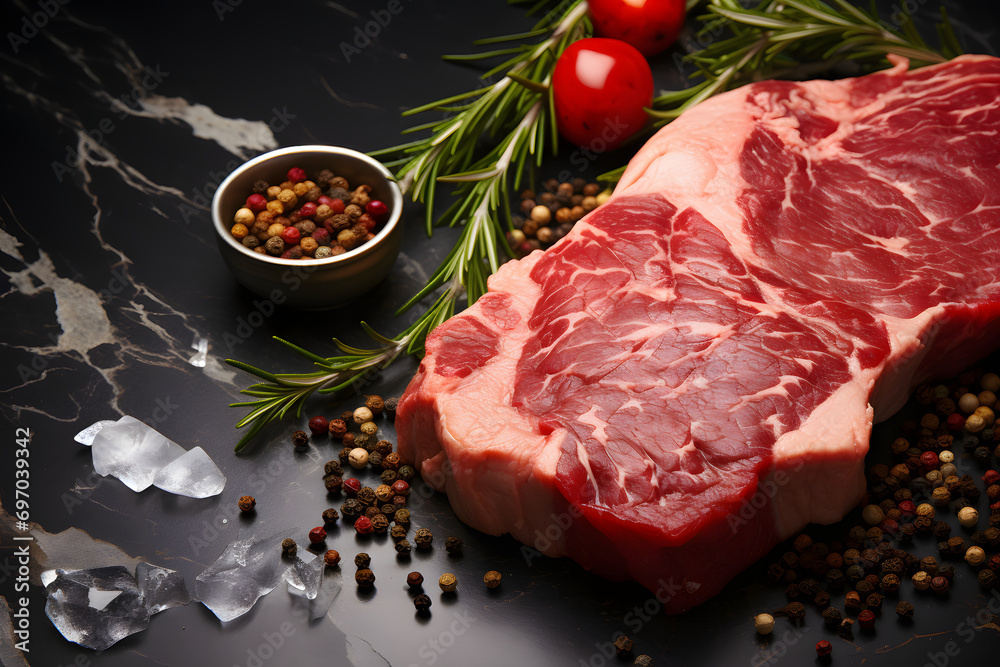 raw red meat, beef steak close-up on the kitchen table. cooking at home.