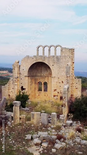 Drone over Okuzlu reveals antique temple ruins, historical site. Antique temple at Okuzlu, aerial view of ancient history. Okuzlu antique temple, drone footage uncovers history photo